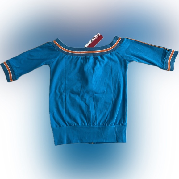 🆕Retro-Style Zip-Up 3/4 Sleeve Shirt | Turquoise | Orange/White Ribbing | Small - Picture 3 of 16